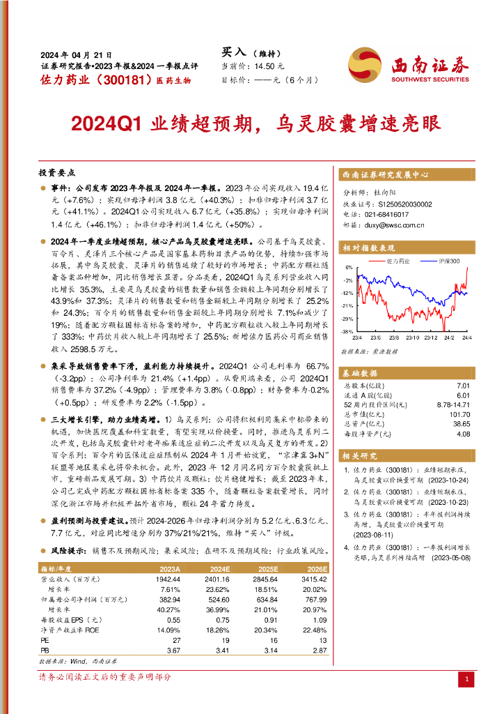 西南证券：佐力药业（300181）-2024Q1业绩超预期，乌灵胶囊增速亮眼
