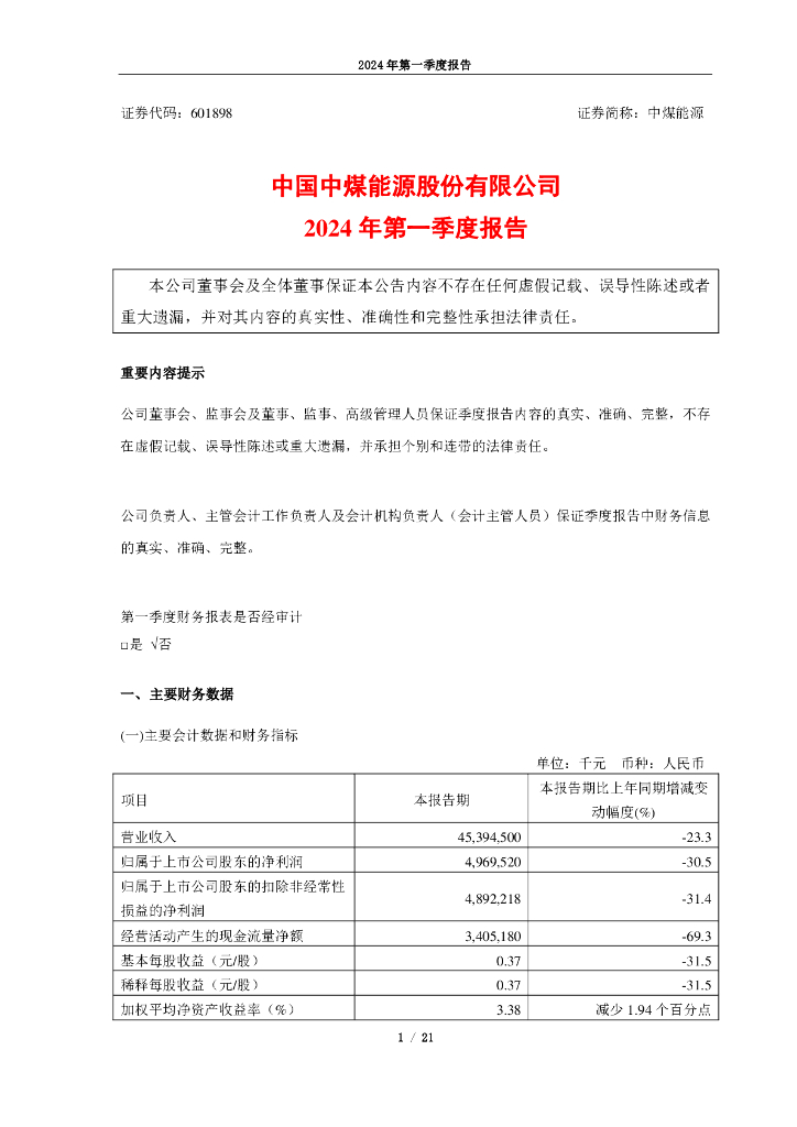 601898-中煤<em>能源</em>：中国中煤<em>能源</em>股份有限公司2024年第一季度报告 海报