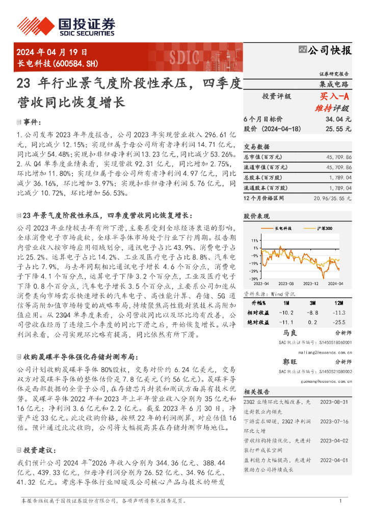 国投证券：长电科技（600584）-23年行业景气度阶段性承压，四季度营收同比恢复增长