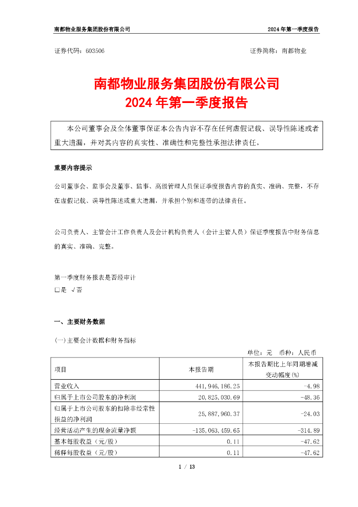 603506-南都<em>物业</em>：南都<em>物业</em>服务集团股份有限公司2024年第一季度报告