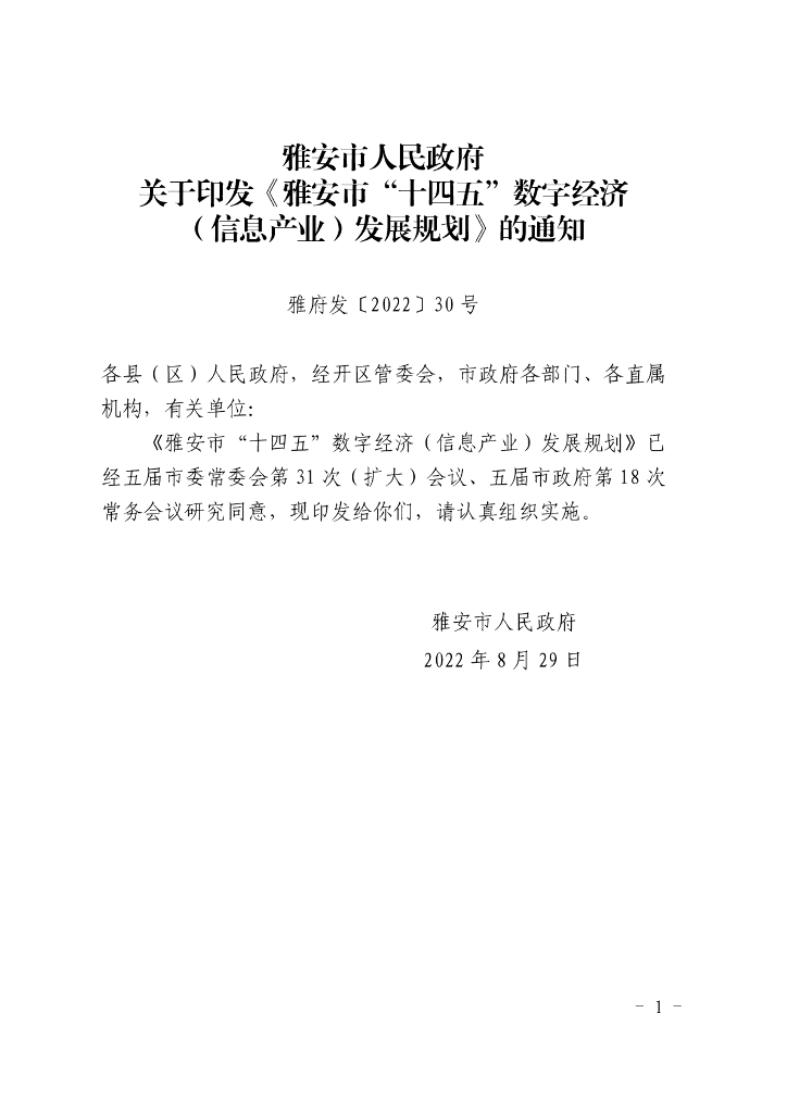 雅安市“十四五”数字经济（信息产业）发展规划