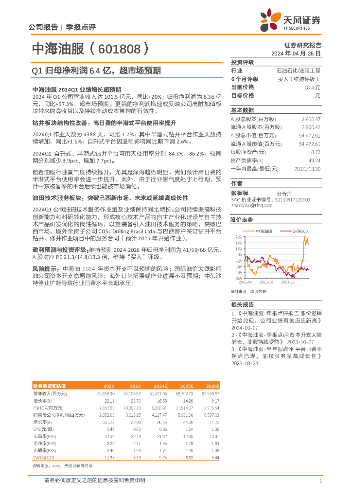 天风证券：中海油服（601808）-Q1归母净利润6.4亿，超市场预期