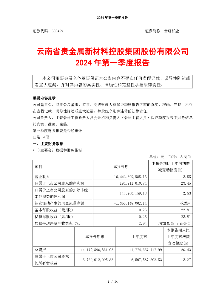 600459-贵研铂业：云南省贵<em>金属</em>新材料控股集团股份有限公司2024年第一季度报告