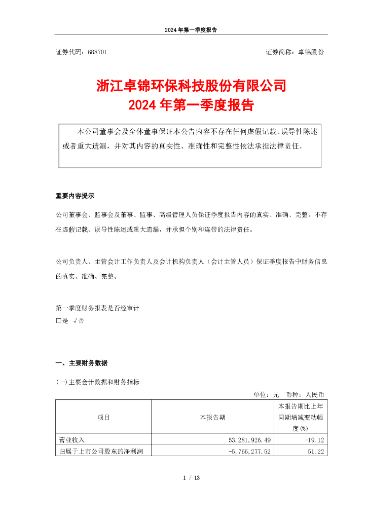 688701-卓锦股份：浙江卓锦<em>环保</em>科技股份有限公司2024年第一季度报告