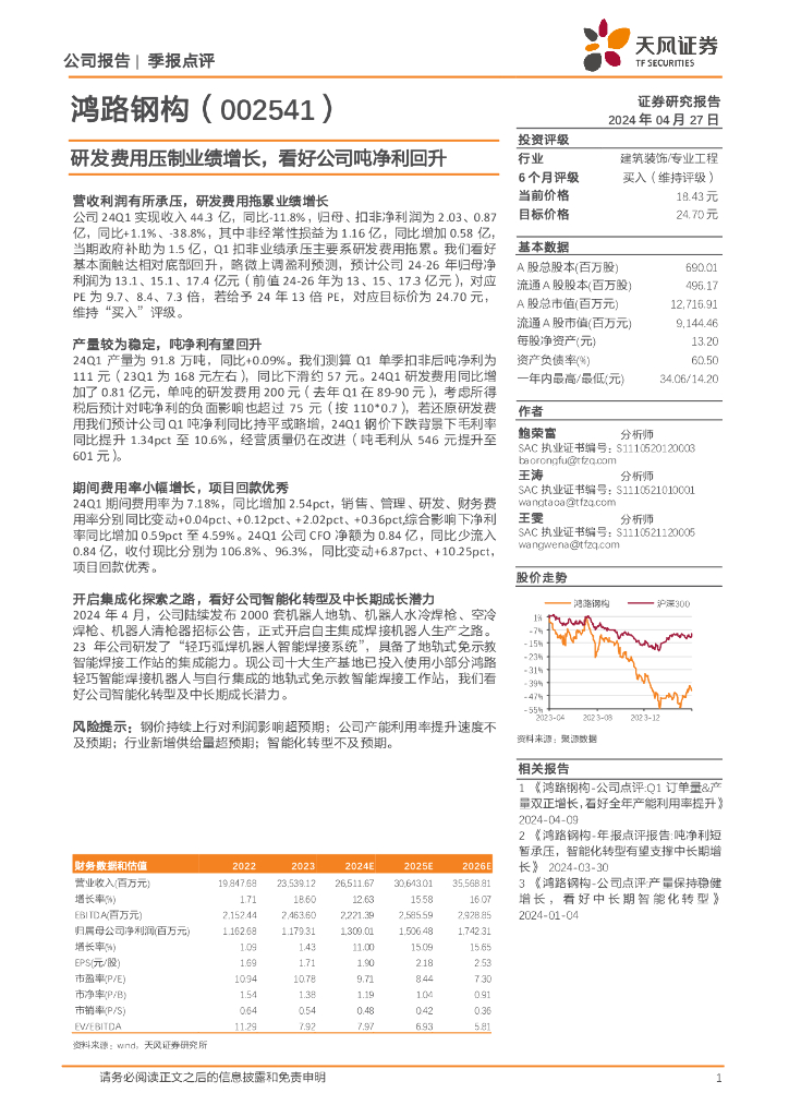 天风证券：鸿路钢构（002541）-研发费用压制业绩增长，看好公司吨净利回升