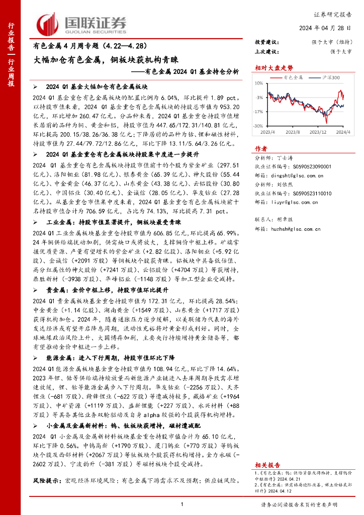 国联证券：大幅加仓有色金属，铜板块获机构青睐