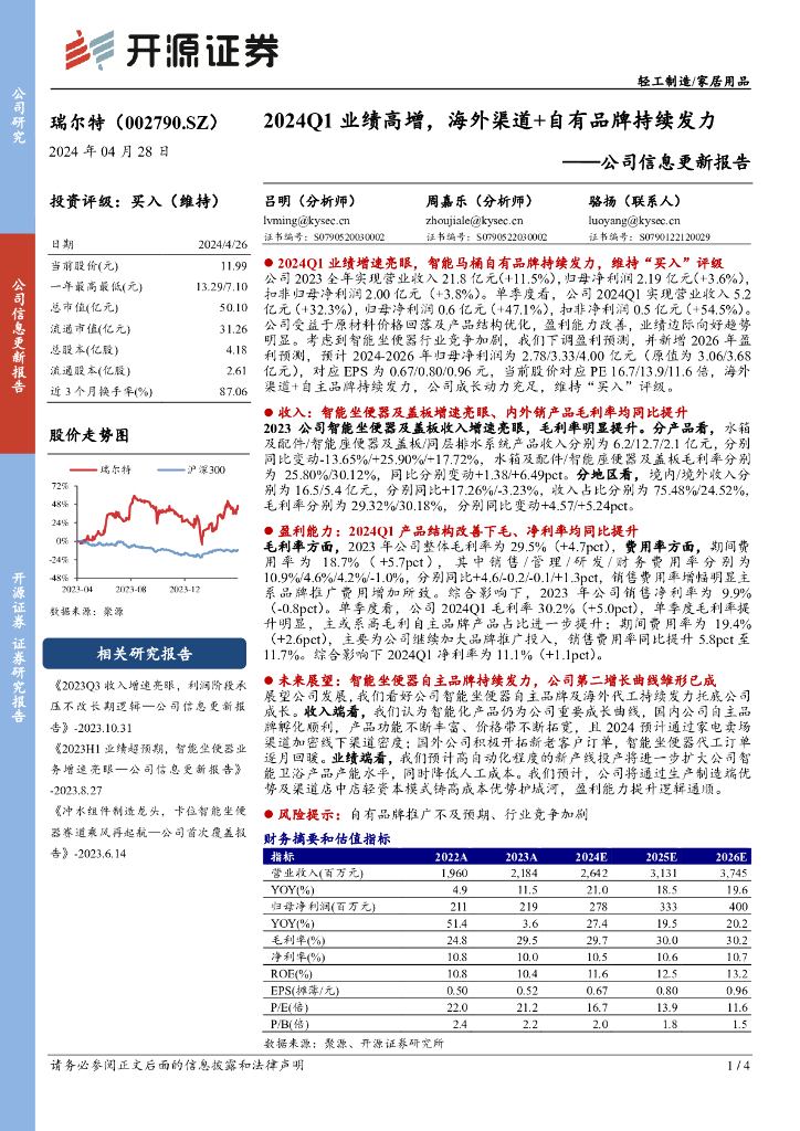 开源证券：瑞尔特（002790）-公司信息更新报告：2024Q1业绩高增，海外渠道+自有品牌持续发力