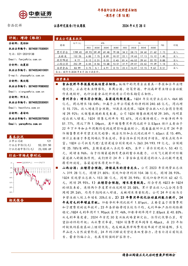 中泰证券：食品饮料周思考（第18周）：年季报印证食品饮料需求韧性