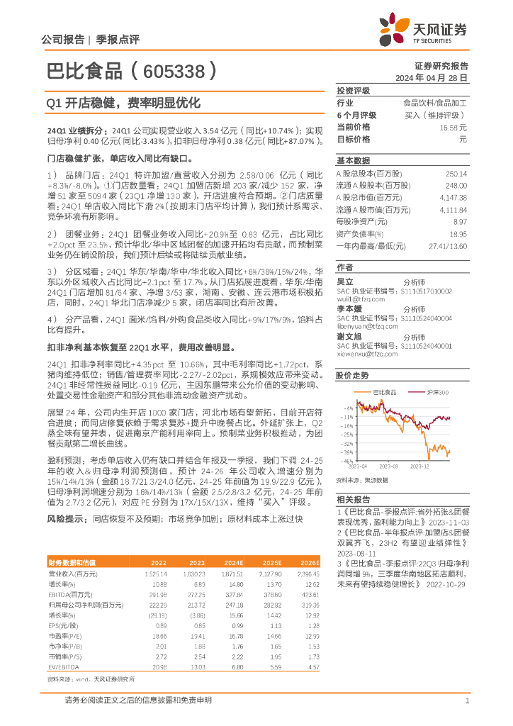 天风证券：巴比食品（605338）-Q1开店稳健，费率明显优化