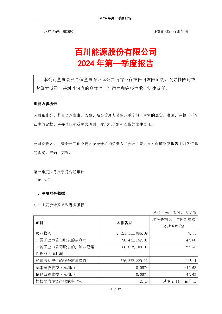 600681-百川<em>能源</em>：百川<em>能源</em>2024年第一季度报告 海报