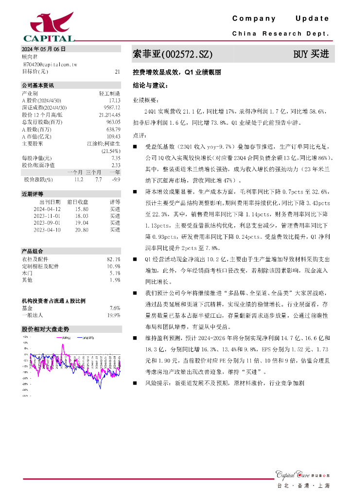 群益证券：索菲亚（002572）-控费增效显成效，Q1业绩靓丽