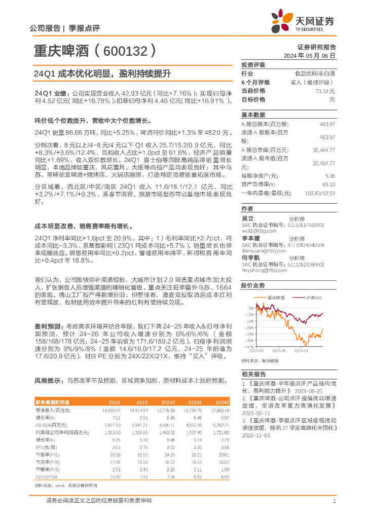 天风证券：重庆啤酒（600132）-24Q1成本优化明显，盈利持续提升