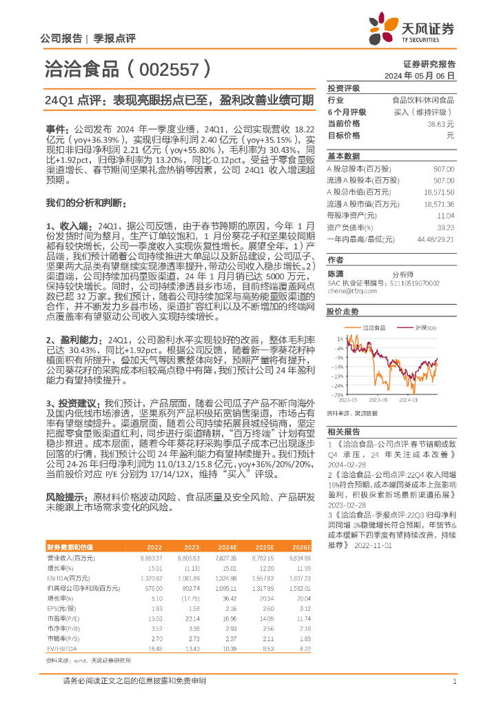天风证券：洽洽食品（002557）-24Q1点评：表现亮眼拐点已至，盈利改善业绩可期