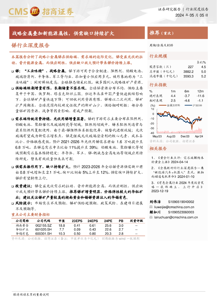 招商证券：锑行业深度报告：战略金属叠加新能源属性，供需缺口持续扩大
