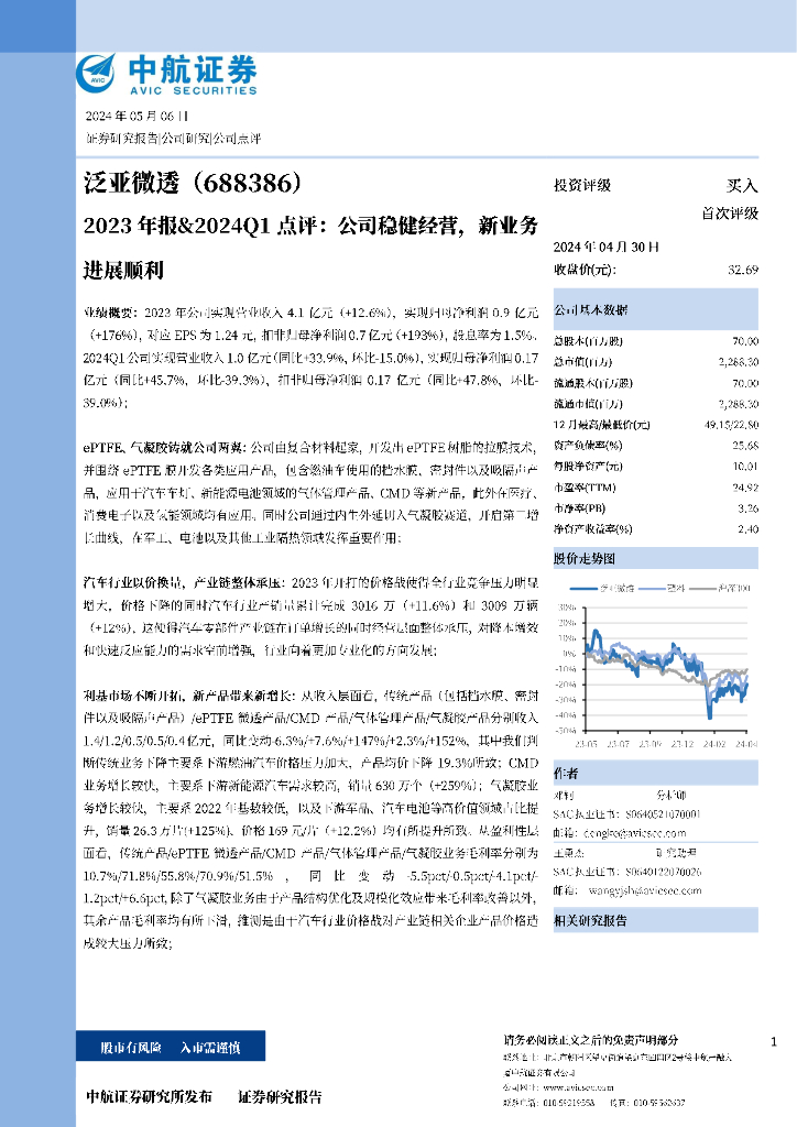 中航证券：泛亚微透（688386）-2023年报&2024Q1点评：公司稳健经营，新业务进展顺利