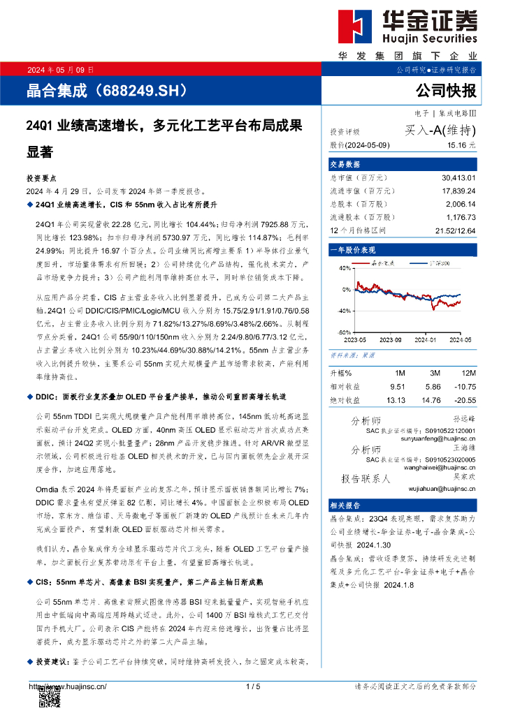 华金证券：晶合集成（688249）-24Q1业绩高速增长，多元化工艺平台布局成果显著