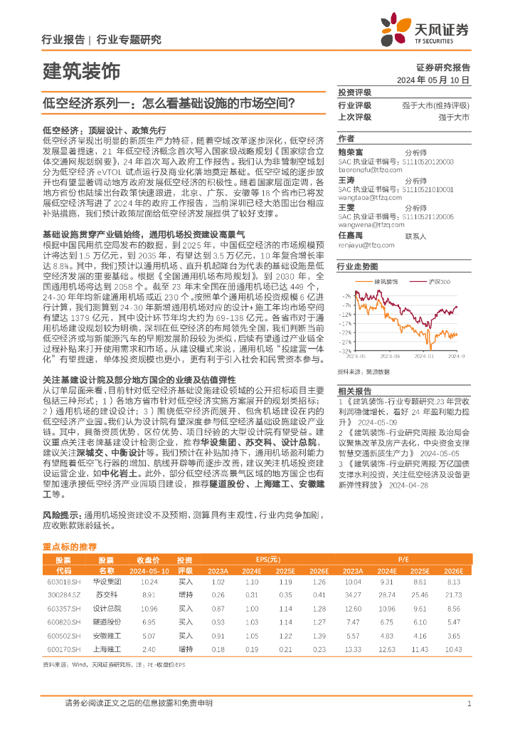 天风证券：建筑装饰低空经济系列一：怎么看基础设施的市场空间？