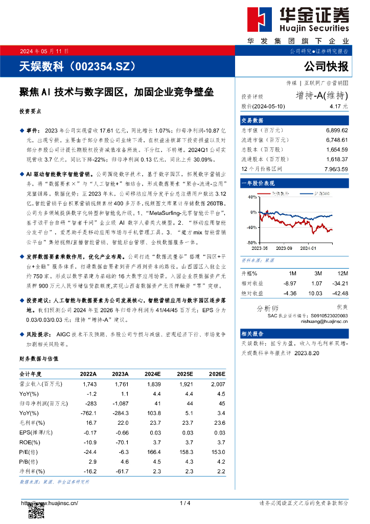 华金证券：天娱数科（002354）-聚焦AI技术与<em>数字</em>园区，加固企业竞争壁垒 海报