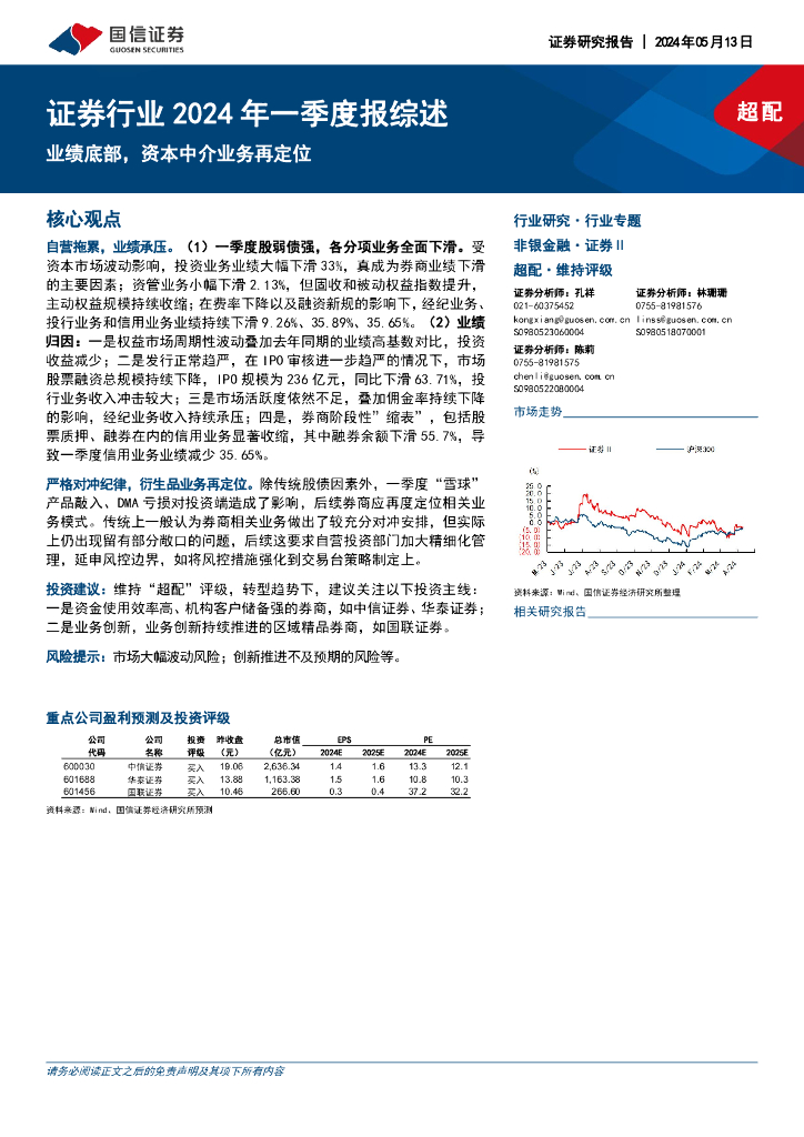 国信证券：证券行业2024年一季度报综述：业绩底部，资本中介业务再定位