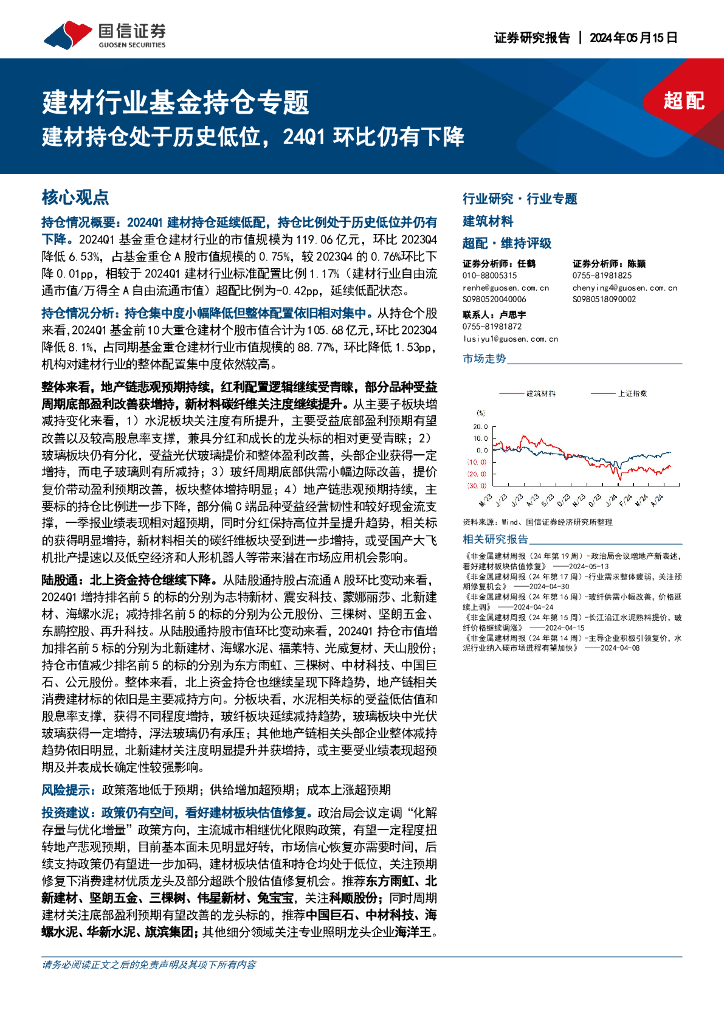 国信证券：建材行业基金持仓专题：建材持仓处于历史低位，24Q1环比仍有下降