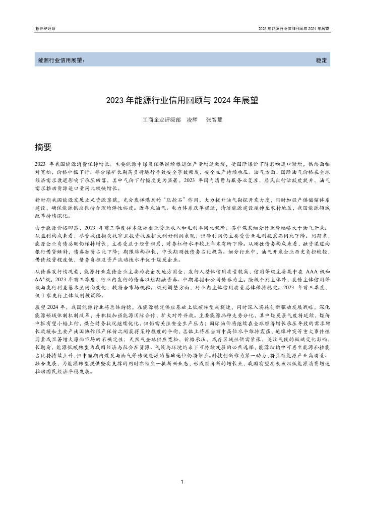 新世纪评级：2023年<em>能源</em>行业信用回顾与2024年展望报告 海报