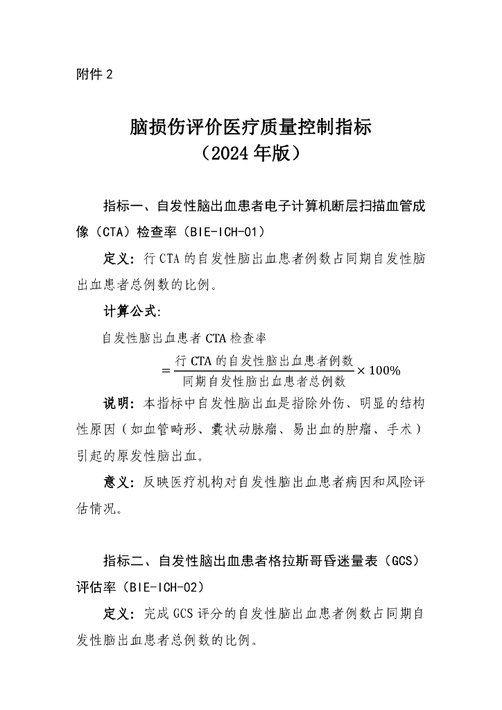 国家卫生健康委：脑损伤评价医疗质量控制指标（2024年版）