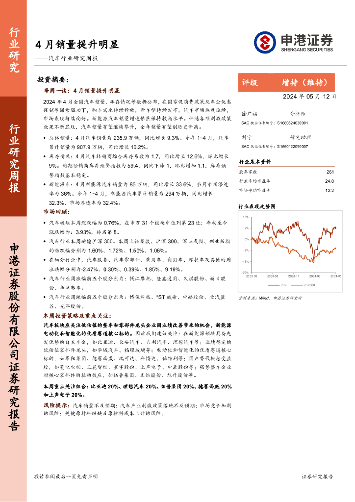 申港证券：汽车行业研究周报：4月销量提升明显海报