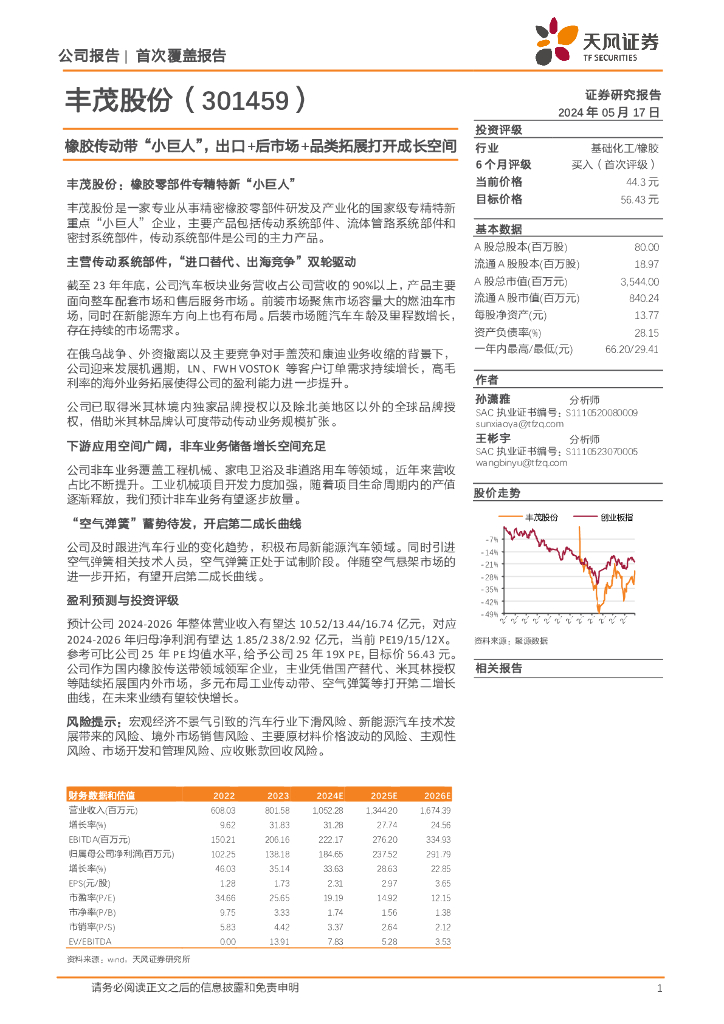 天风证券：丰茂股份（301459）-橡胶传动带“小巨人”，出口+后市场+品类拓展打开成长空间