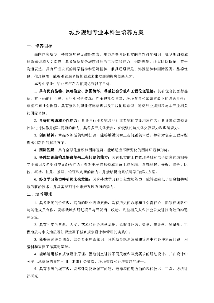 城乡规划专业本科生培养方案