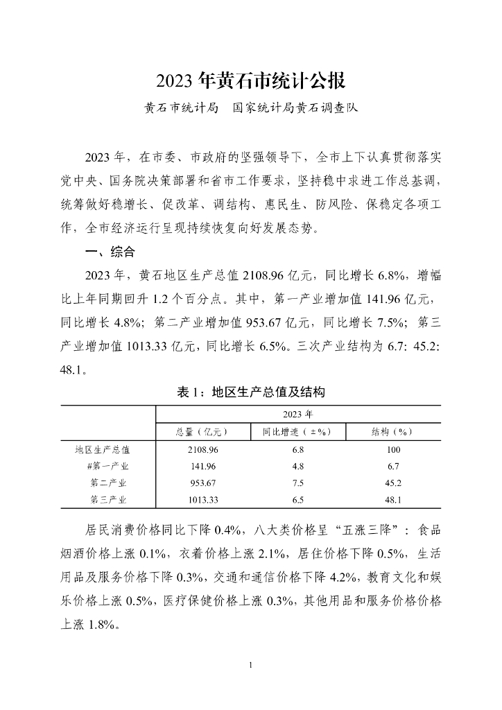 2023年黄石市统计公报