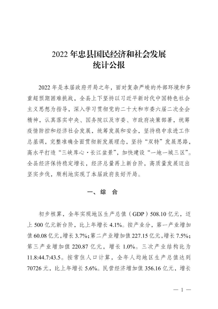 2022年忠县国民经济和社会发展统计公报