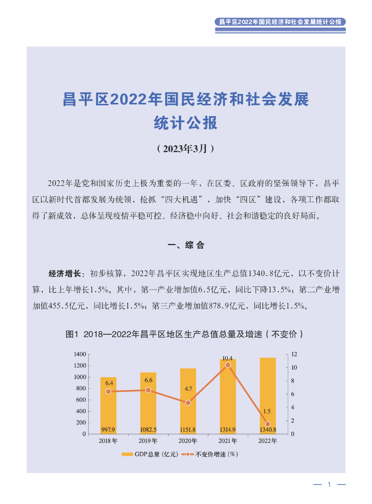 昌平区2022年国民经济和社会发展统计公报