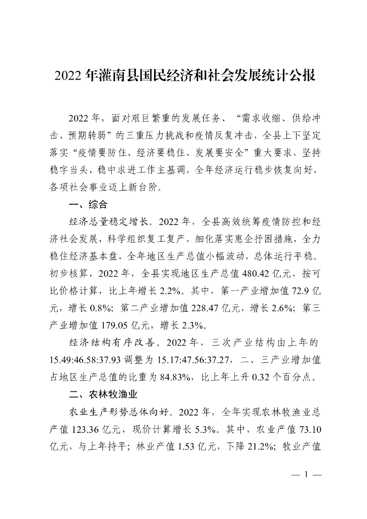 2022年灌南县国民经济和社会发展统计公报