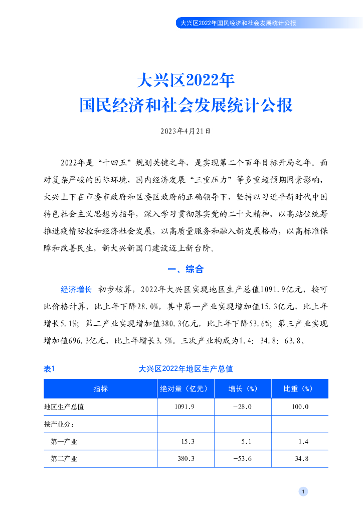 大兴区2022年国民经济和社会发展统计公报