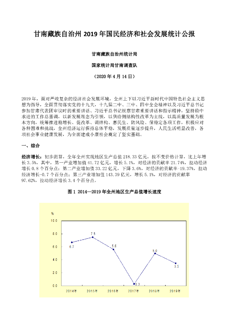 甘南藏族自治州统计局：甘南藏族自治州2019年国民经济和社会发展统计公报