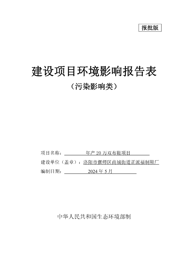 年产20万双布鞋项目建设项目环境影响报告表（污染影响类）