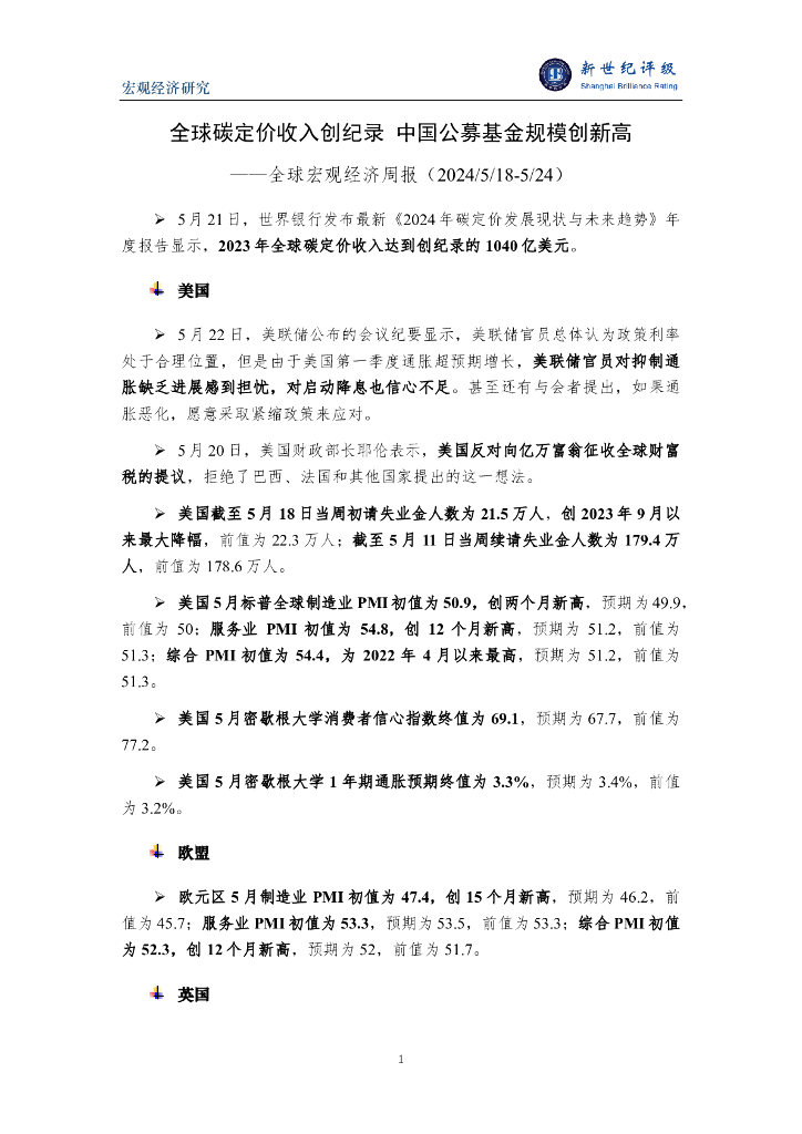 新世纪评级：全球碳定价收入创纪录 中国公募基金规模创新高——全球宏观经济周报（2024/5/18-5/24）