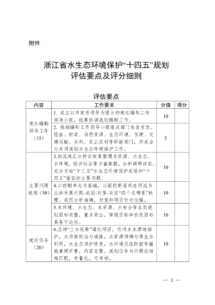 浙江省水生态环境保护“十四五”规划评估要点及评分细则