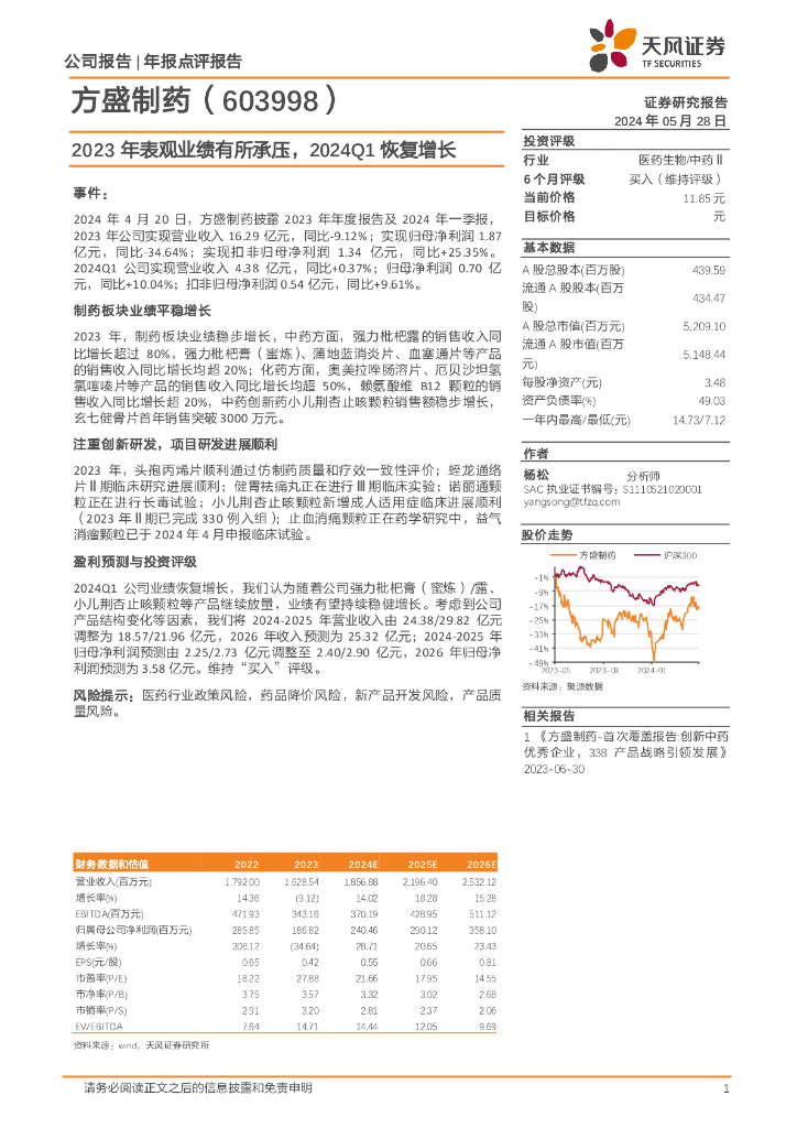 天风证券：方盛制药（603998）-2023年表观业绩有所承压，2024Q1恢复增长