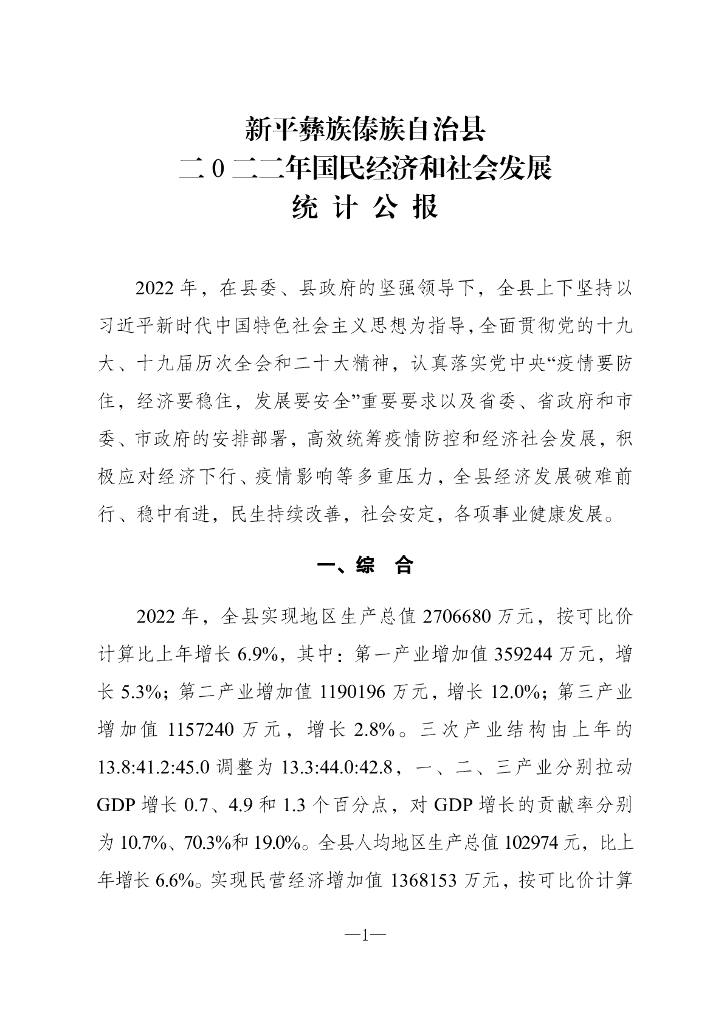 新平彝族傣族自治县2022年国民经济和社会发展统计公报