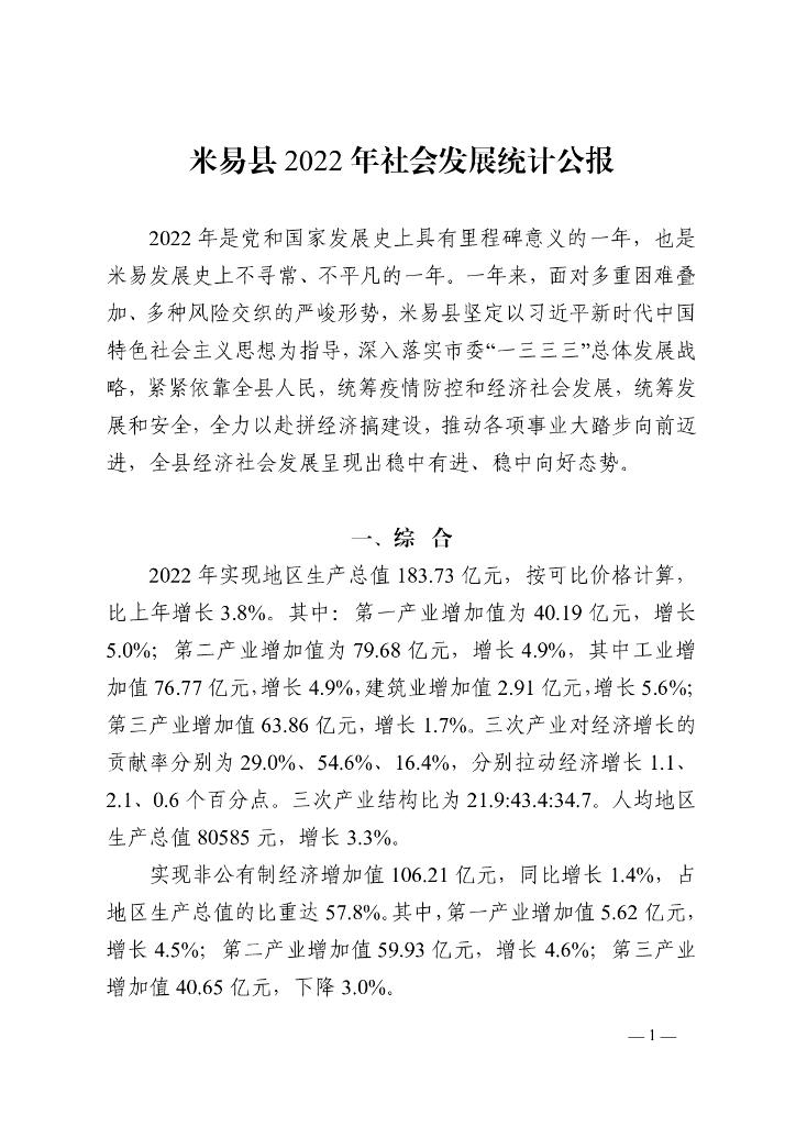 米易县2022年社会发展统计公报
