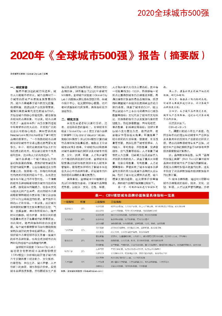 全球城市实验室：2020年《全球城市500强》报告（摘要版）