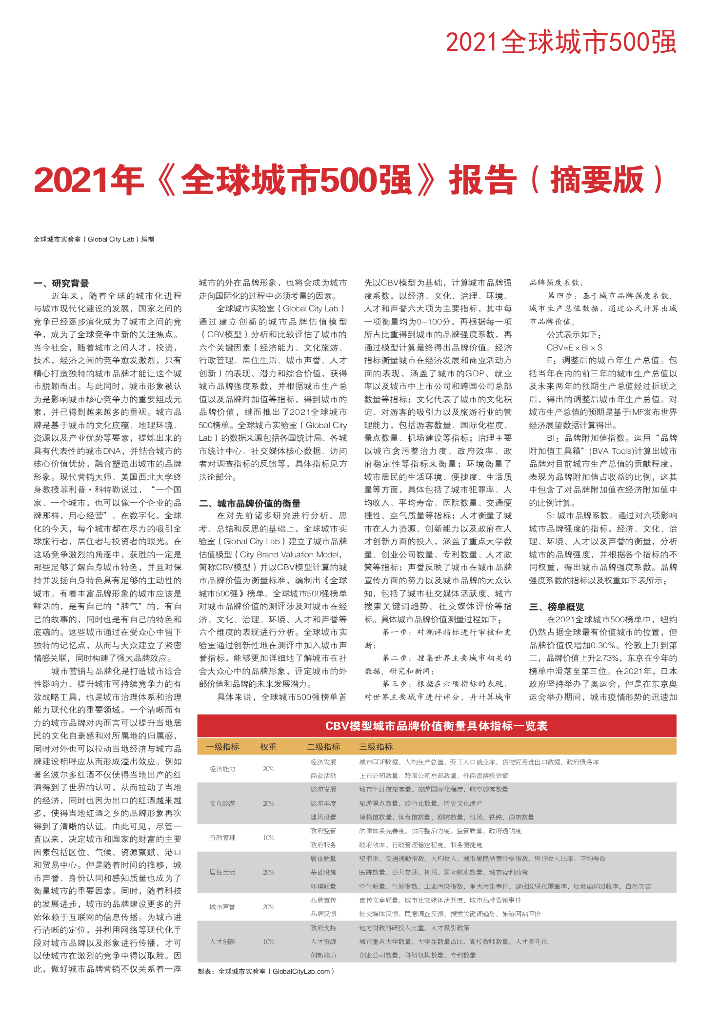 全球城市实验室：2021年《全球城市500强》报告（摘要版）