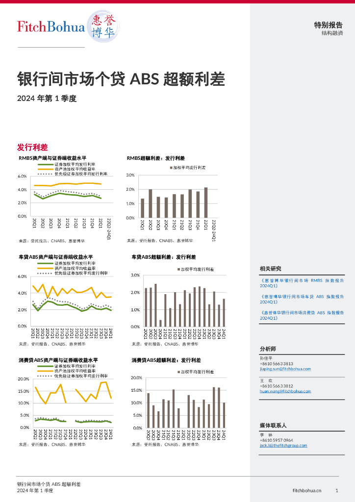 惠誉博华：2024年第1季度银行间市场个贷ABS超额利差报告