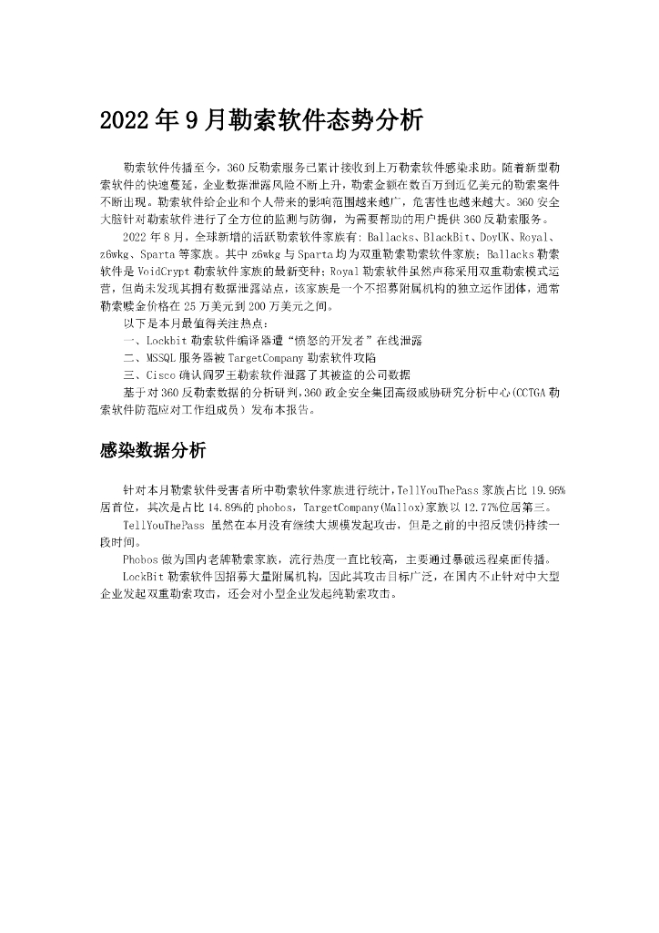 360数字安全：2022年9月勒索软件态势分析报告