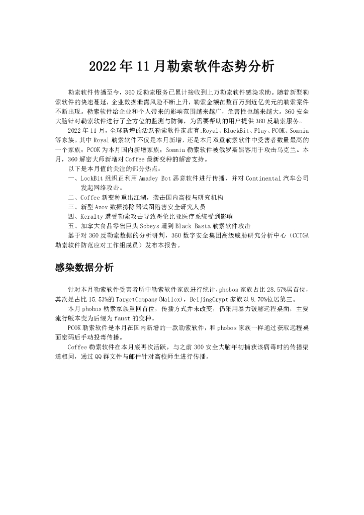 360数字安全：2022年11月勒索软件态势分析报告