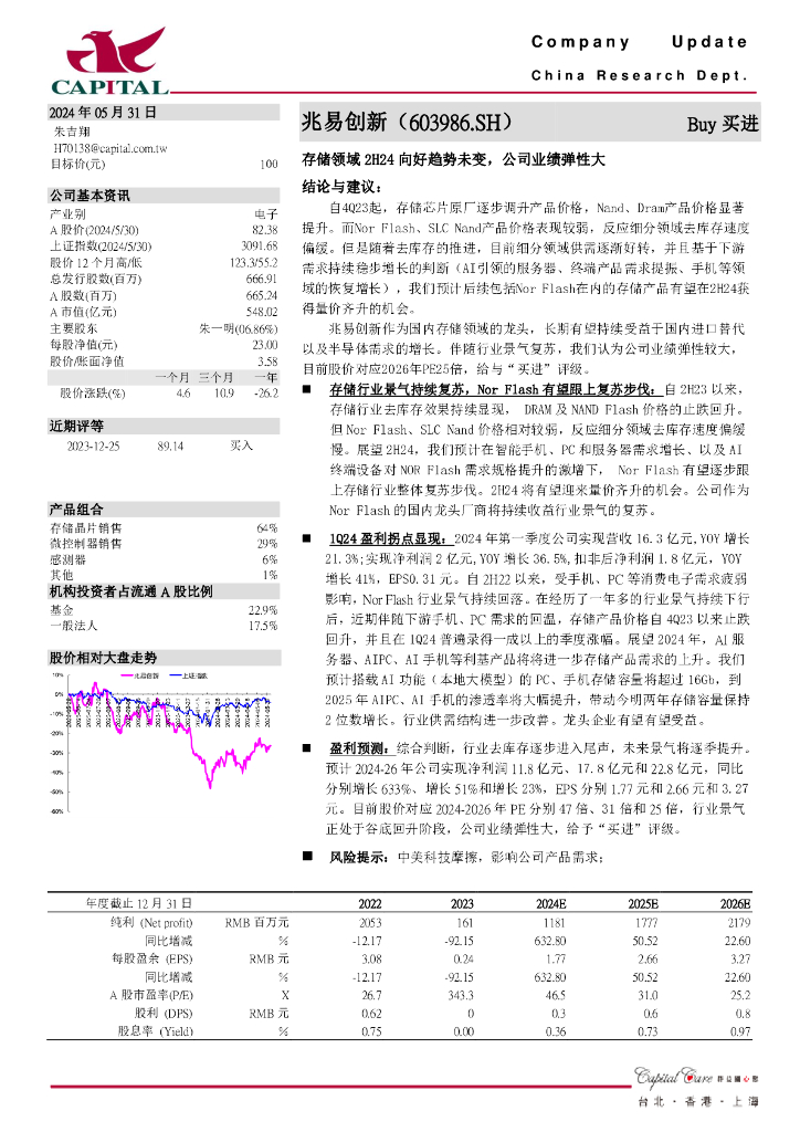 群益证券：兆易创新（603986）-存储领域2H24向好趋势未变，公司业绩弹性大