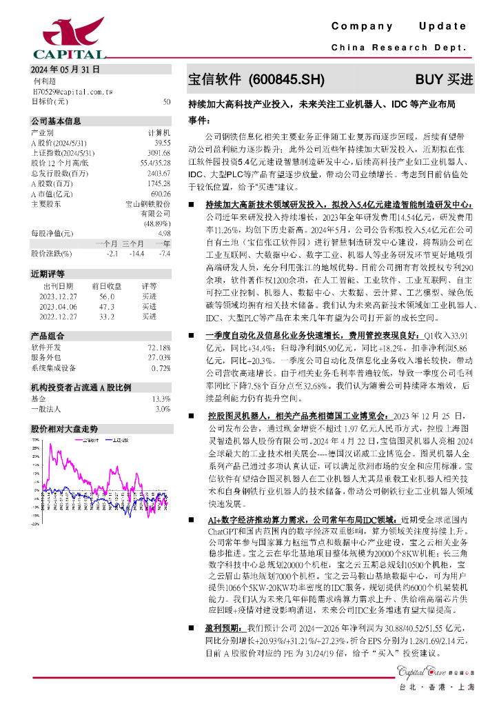 群益证券：宝信软件（600845）-持续加大高科技产业投入，未来关注工业机器人、IDC等产业布局