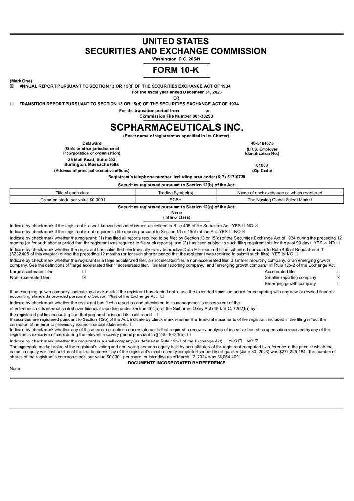 scPharmaceuticals Inc.（SCPH）2023财年年度报告（英文版）