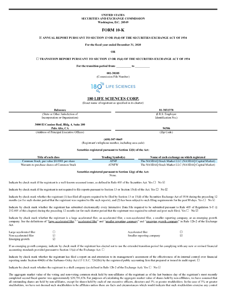 180 Life Sciences Corp.（ATNF）2020财年年度报告（英文版）